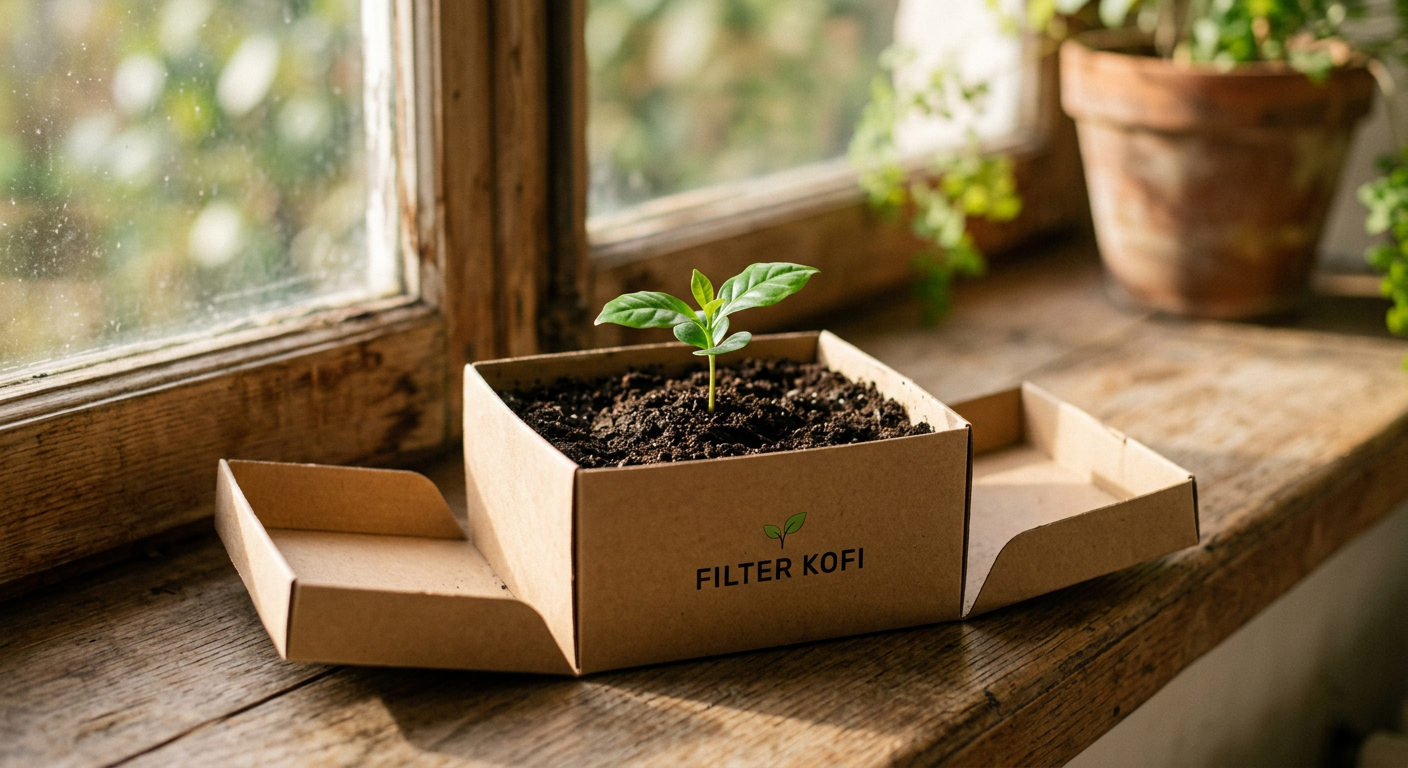 An emptied FILTER KOFI box refolded into a planter, with a small green seedling growing out of soil on a windowsill