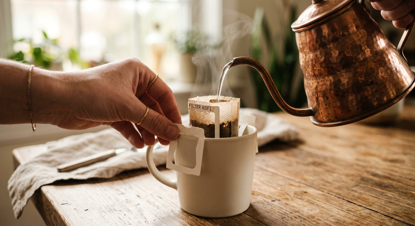 A hand hanging a FILTER KOFI drip bag onto a mug while hot water is poured over it